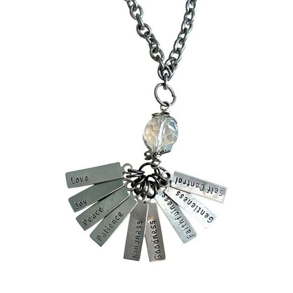 Long Christian Necklace Silver with Fruits of the Spirit Stamped on each piece - Picture 1 of 5